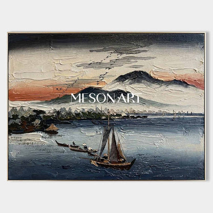 Textured Asian Seascape - 3D Impasto Sunset Boat Oil Painting