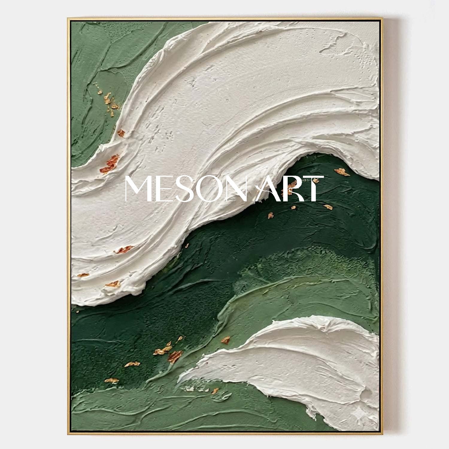 Emerald Green Abstract Wave Painting | Textured Coastal Wall Art with Gold