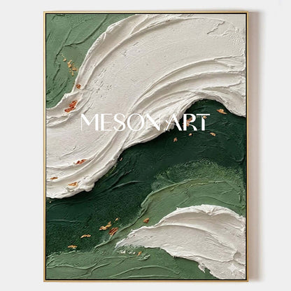 Emerald Green Abstract Wave Painting | Textured Coastal Wall Art with Gold
