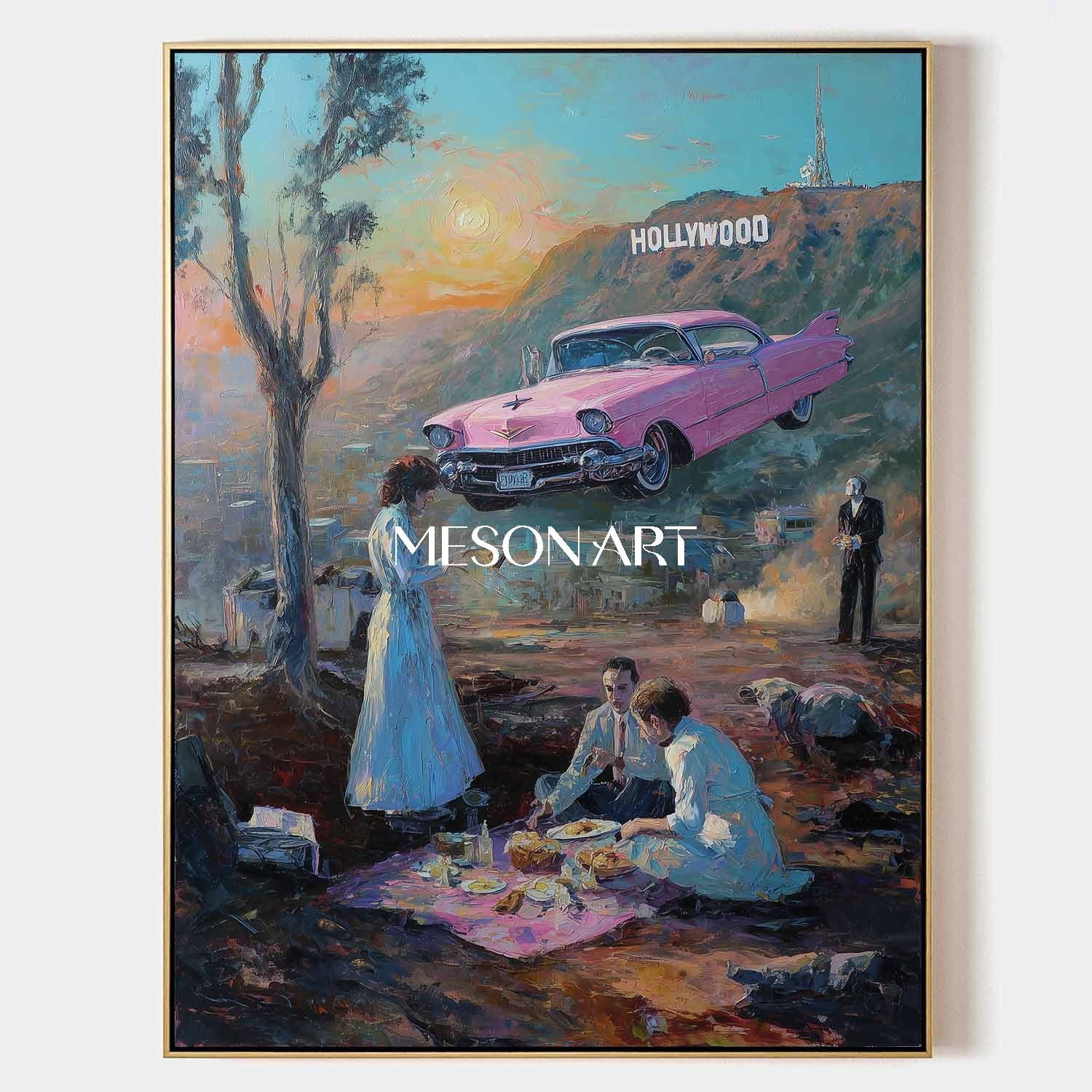 Surreal Pink Cadillac Floating Over Hollywood Picnic Scene Dreamy Art