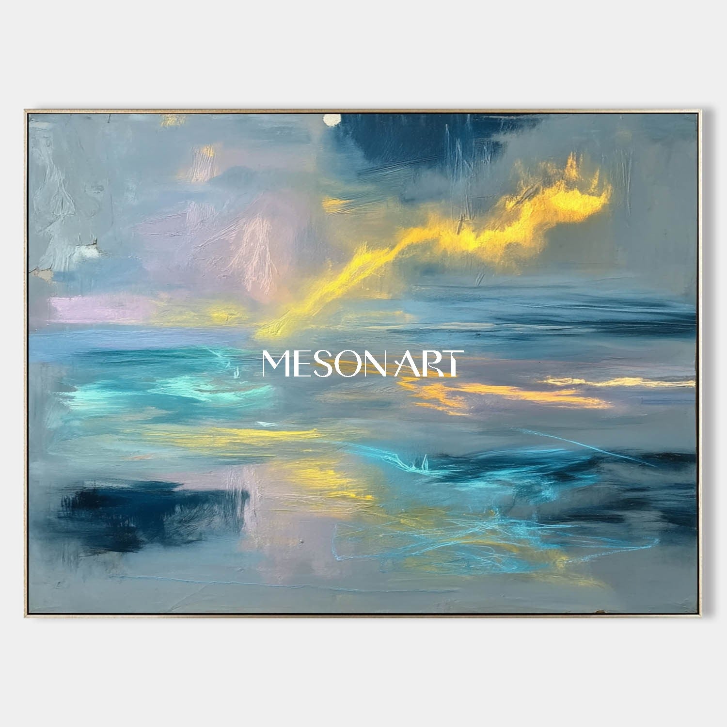 Gray Blue Abstract Oil Painting Large Coastal Style Wall Art Decor