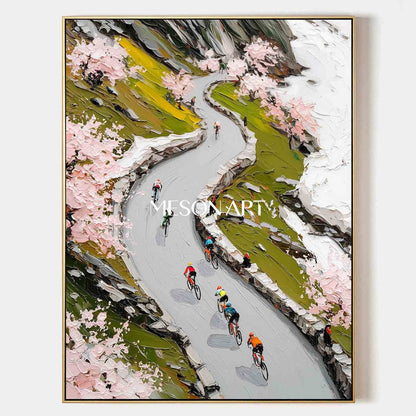 Handmade Impasto Painting Spring Mountain Cycling Canvas Art Entryway