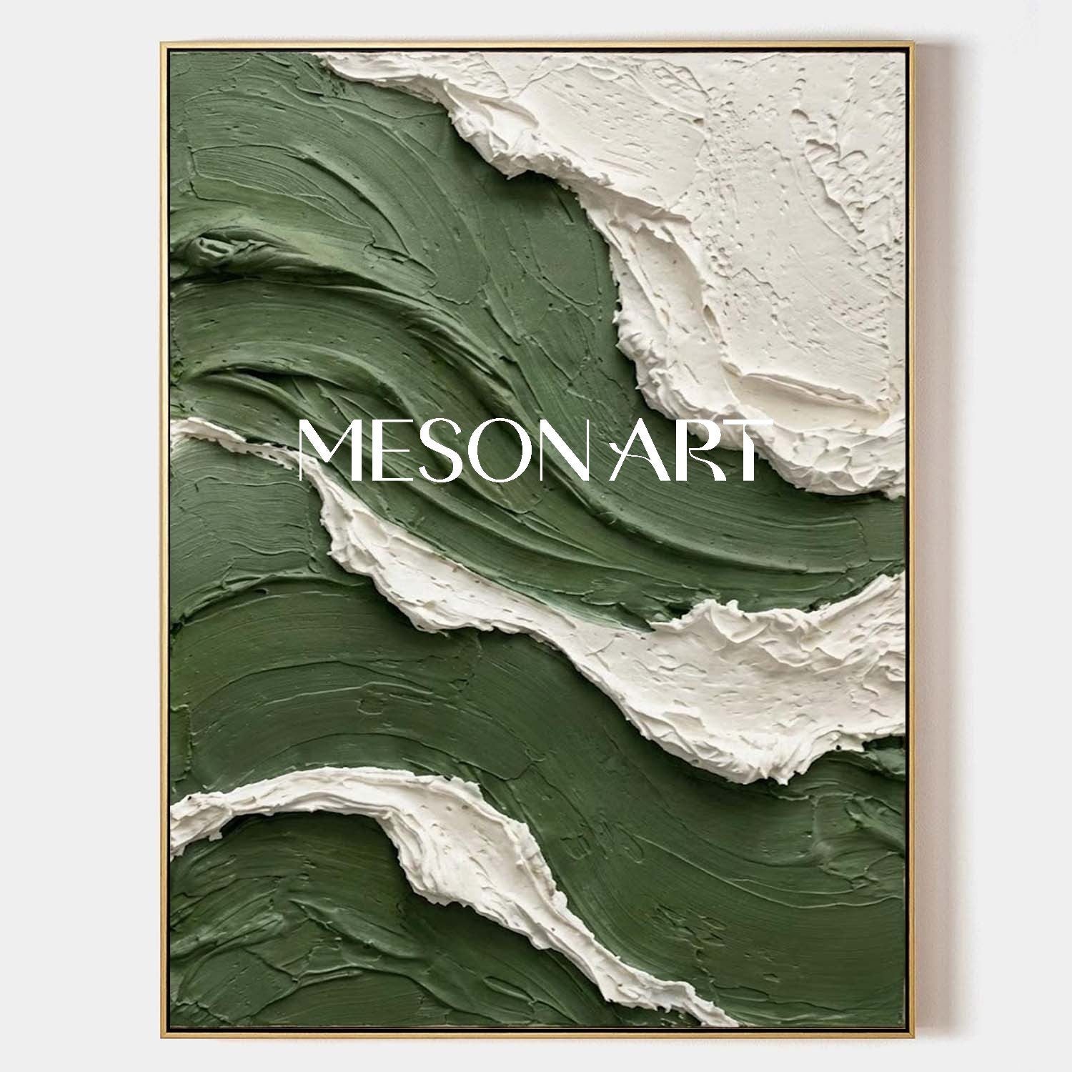 Green Wall Art Abstract Wave Canvas Dark Green & White 3D Textured Art | Heavy Impasto Fluid Wave Canvas