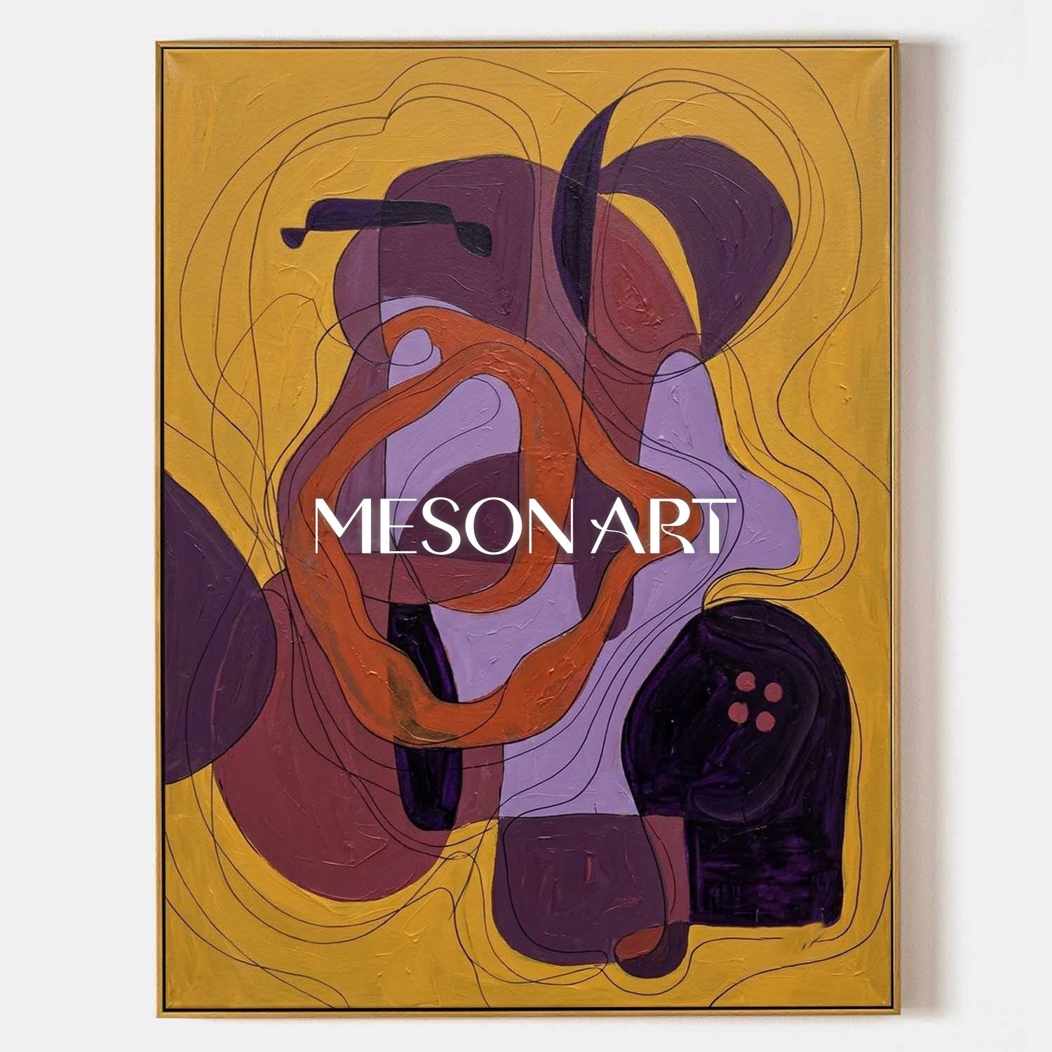 Contemporary Abstract Oil Painting With Gold And Purple Hues For Modern Living Room Decor