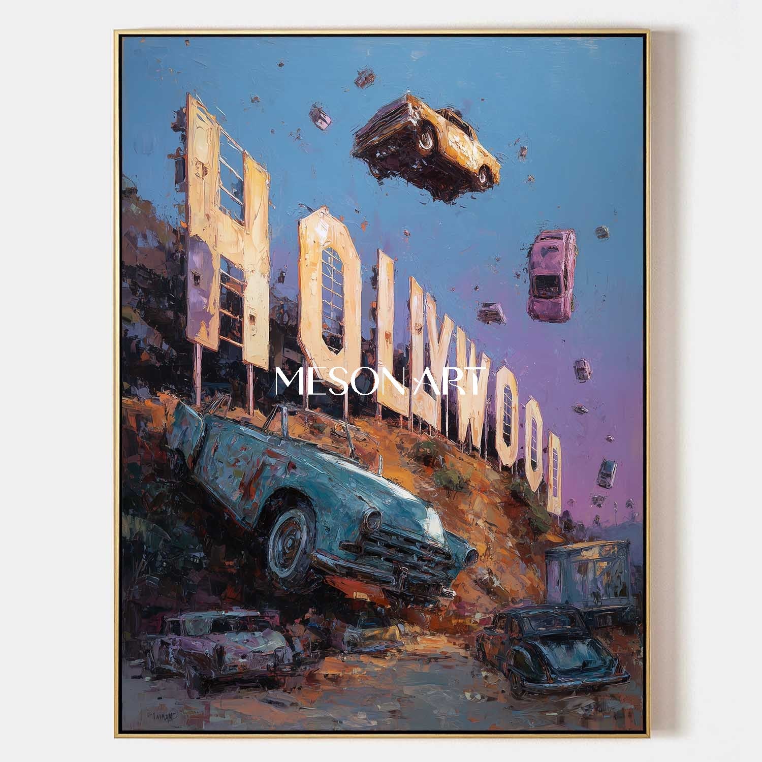 Surreal Hollywood Sign with Floating Cars Canvas Art Sunset Painting