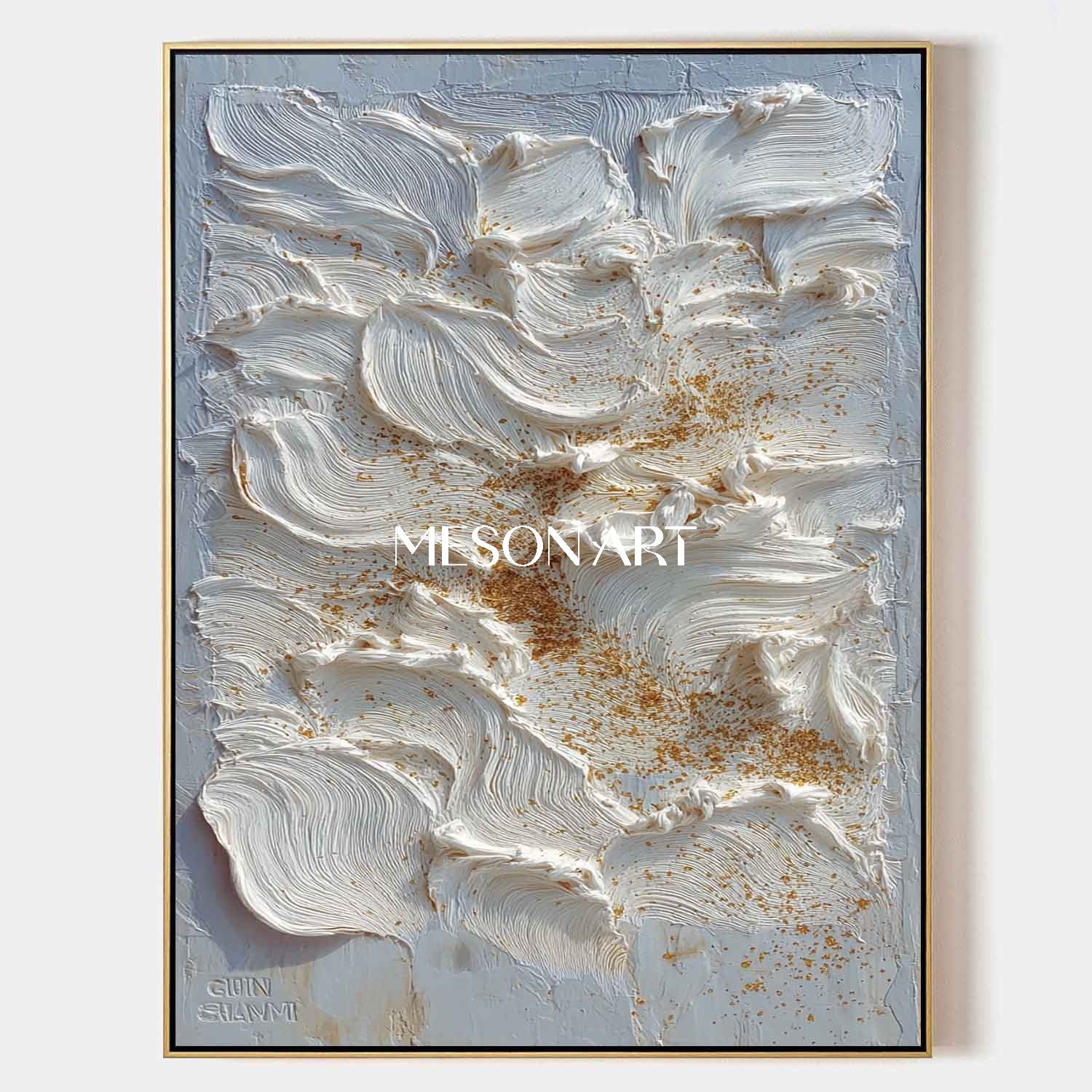 Large Vertical Impasto Painting White Texture Canvas with Gold Accents