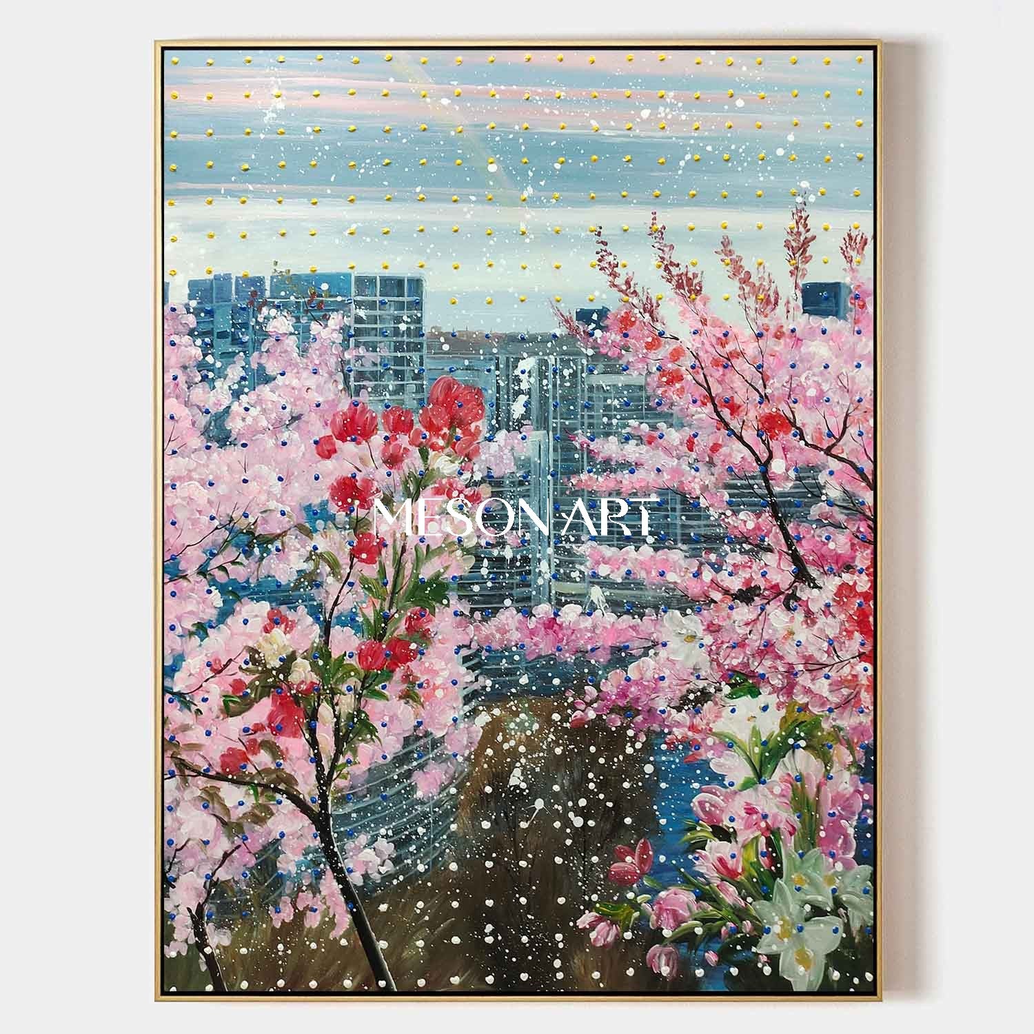 Cherry Blossom Cityscape Wall Art Modern Floral Canvas Painting