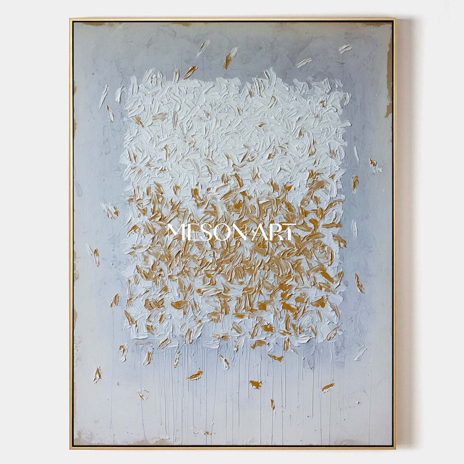 Large Abstract Canvas Painting Blue and Gold Brush Strokes Wall Art