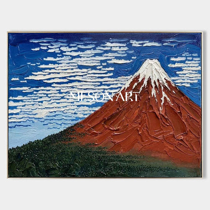 MesonArt 3D Textured Red Mountain Oil Painting - Impasto Landscape Wall Art