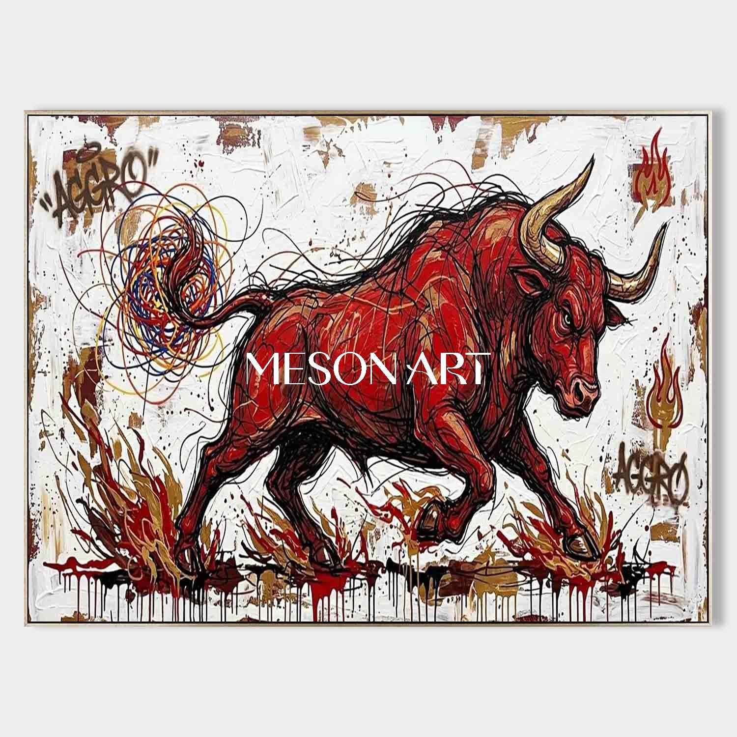 Aggro Red Bull Graffiti Canvas Painting 3D Textured Modern Wall Art for Office & Living Room