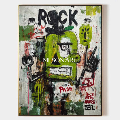 Original Rock Basquiat Inspired Green Abstract Painting Urban Wall Art