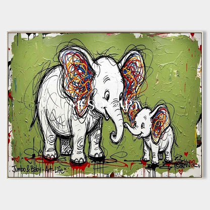 Avocado Green Elephant Canvas Art Abstract Elephant Graffiti Painting for Sale