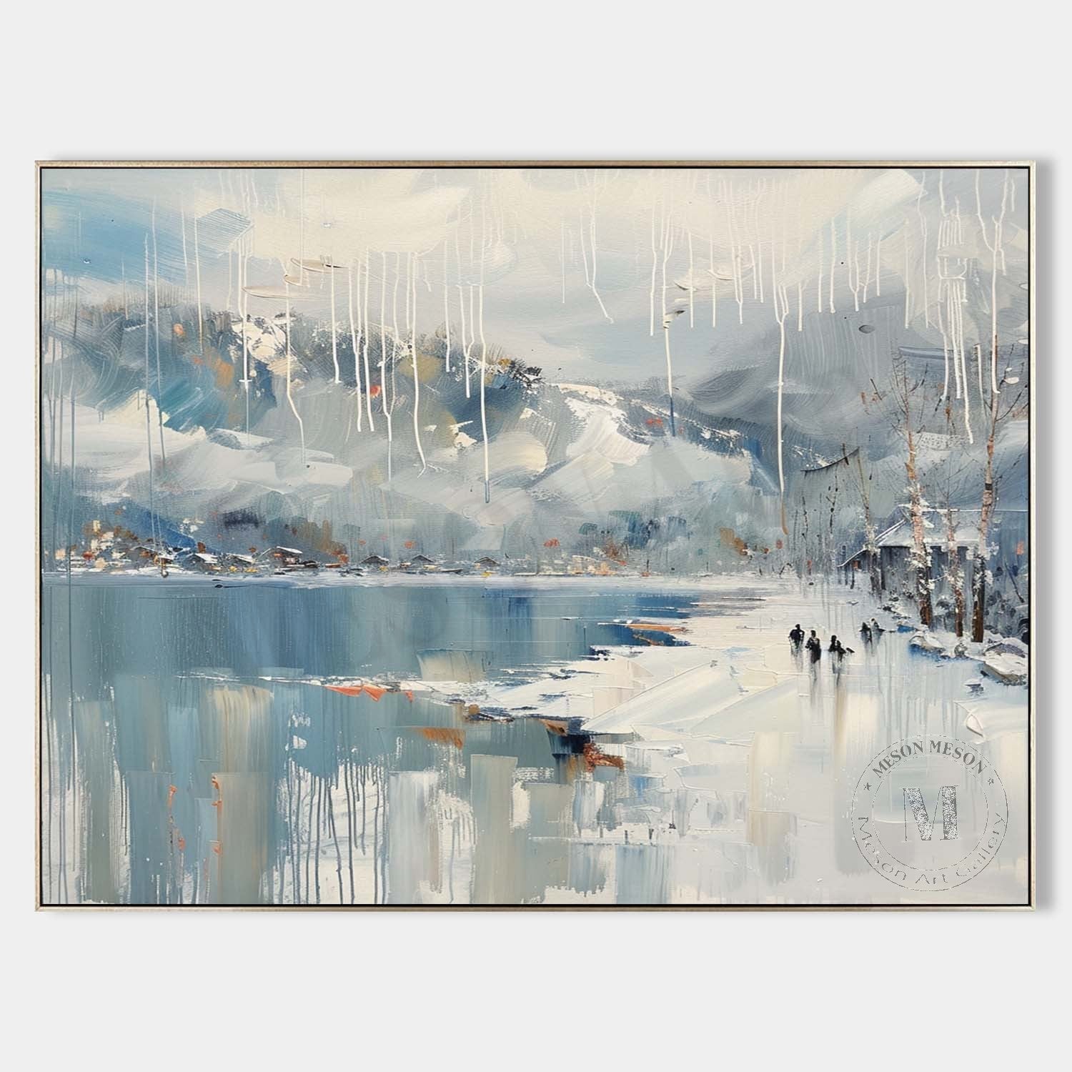 Lakeside Snow Art Lakeside Snow Scenery Oil Painting White Lakeside Snowy Scenery Canvas Wall Art Decor