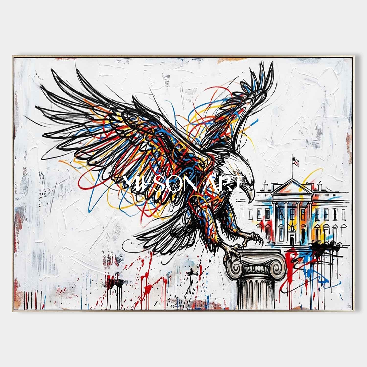 Modern Pop Art Bald Eagle & White House Textured Canvas Painting Abstract Line Art Eagle Graffiti Style Animal Art