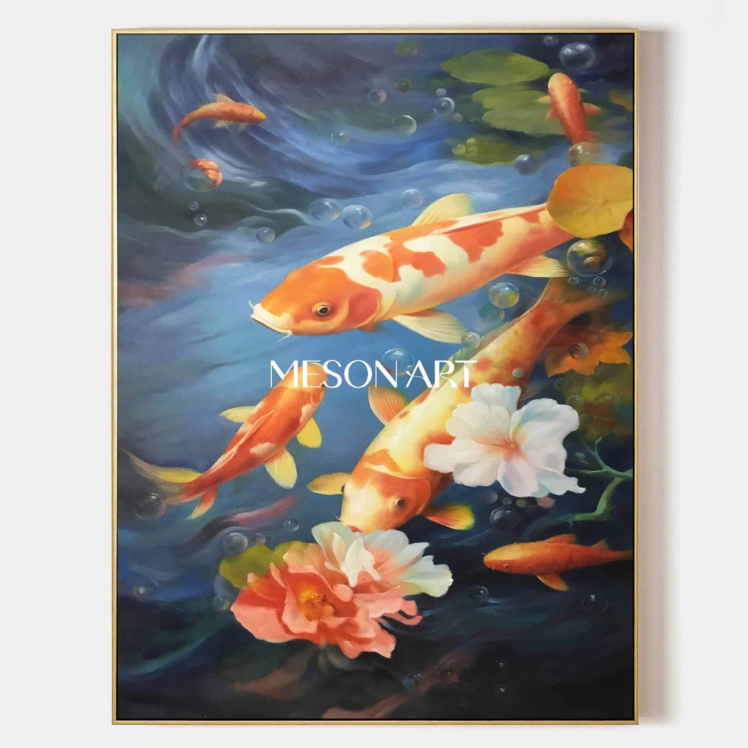 Blue Water Floral Koi Fish Wall Art Living Room Decor Energy Painting