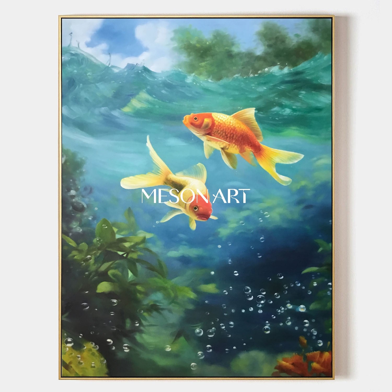 Blue Water Goldfish Painting Feng Shui Wall Art Home and Office Decor