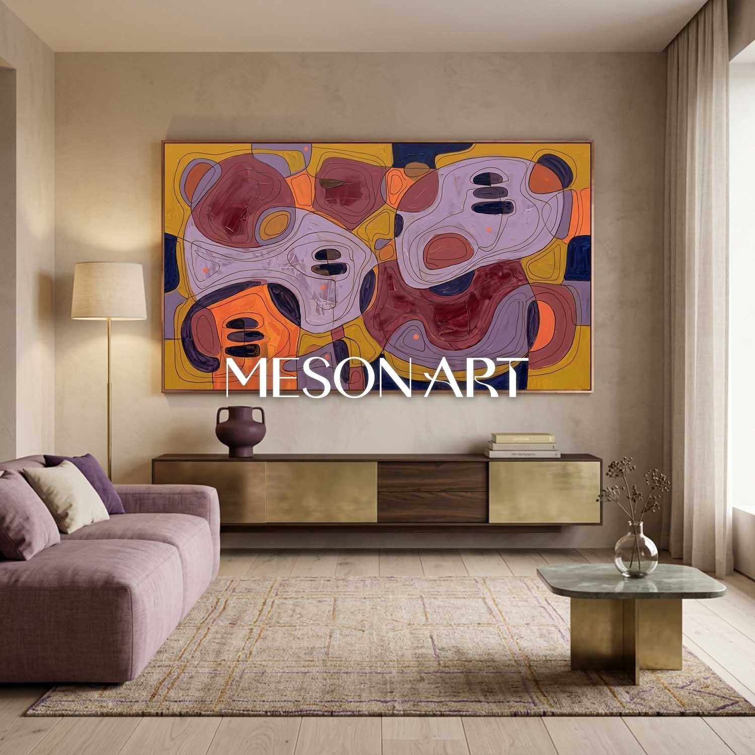 Contemporary Abstract Painting With Amber And Violet Tones For Modern Living Room Decor