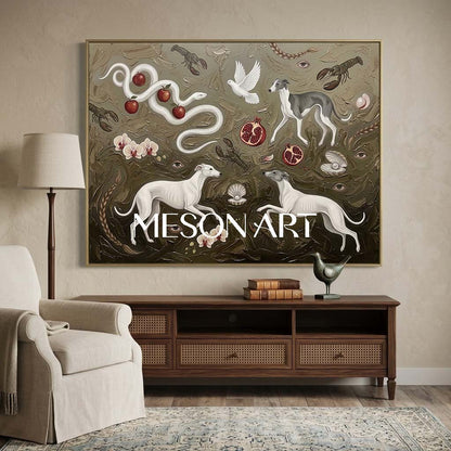Original Surrealist Greyhound Painting Texture Wall Canvas Living Room