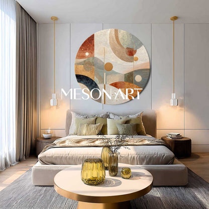 Beige, Blue & Terracotta Abstract Round Canvas – Modern Wall Art