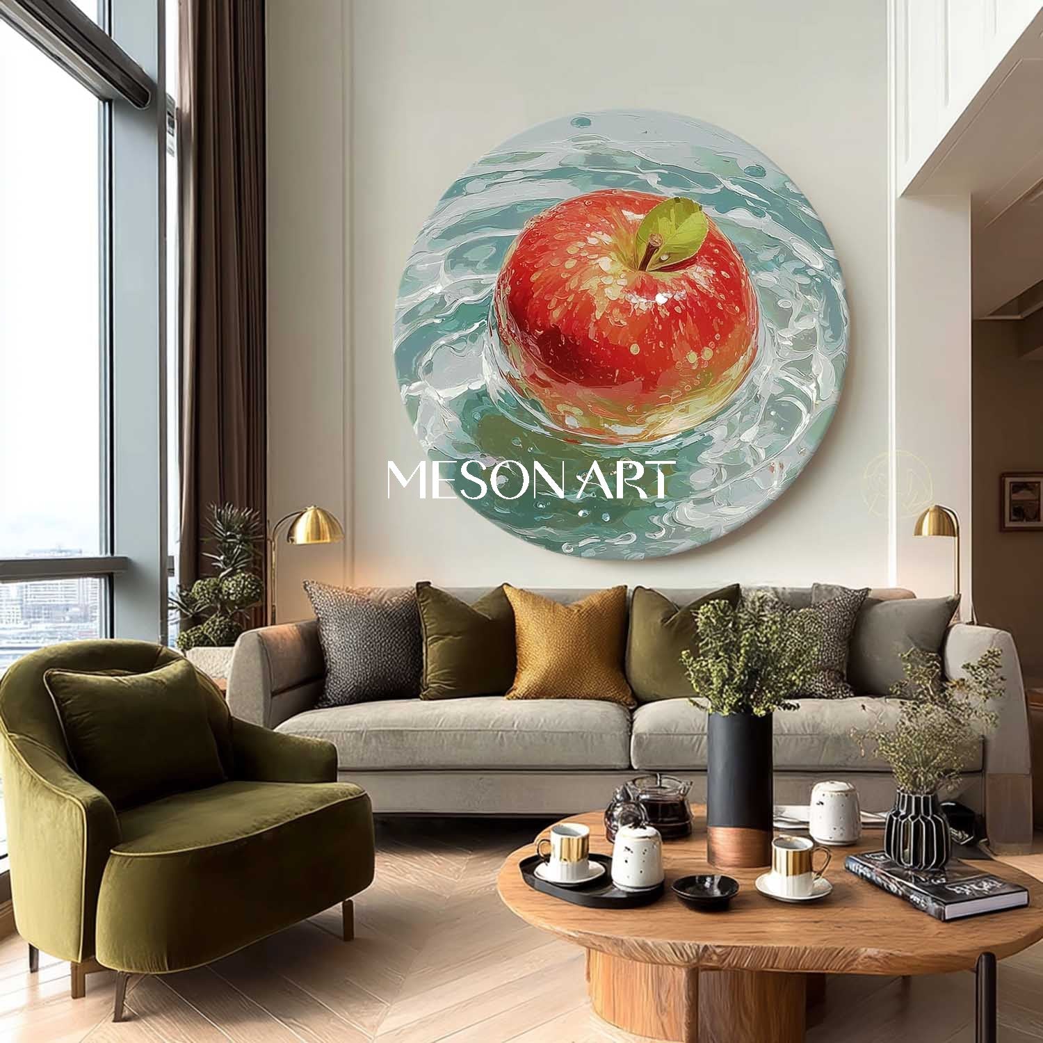 Red Apple Round Canvas Painting – Modern Still Life Wall Art