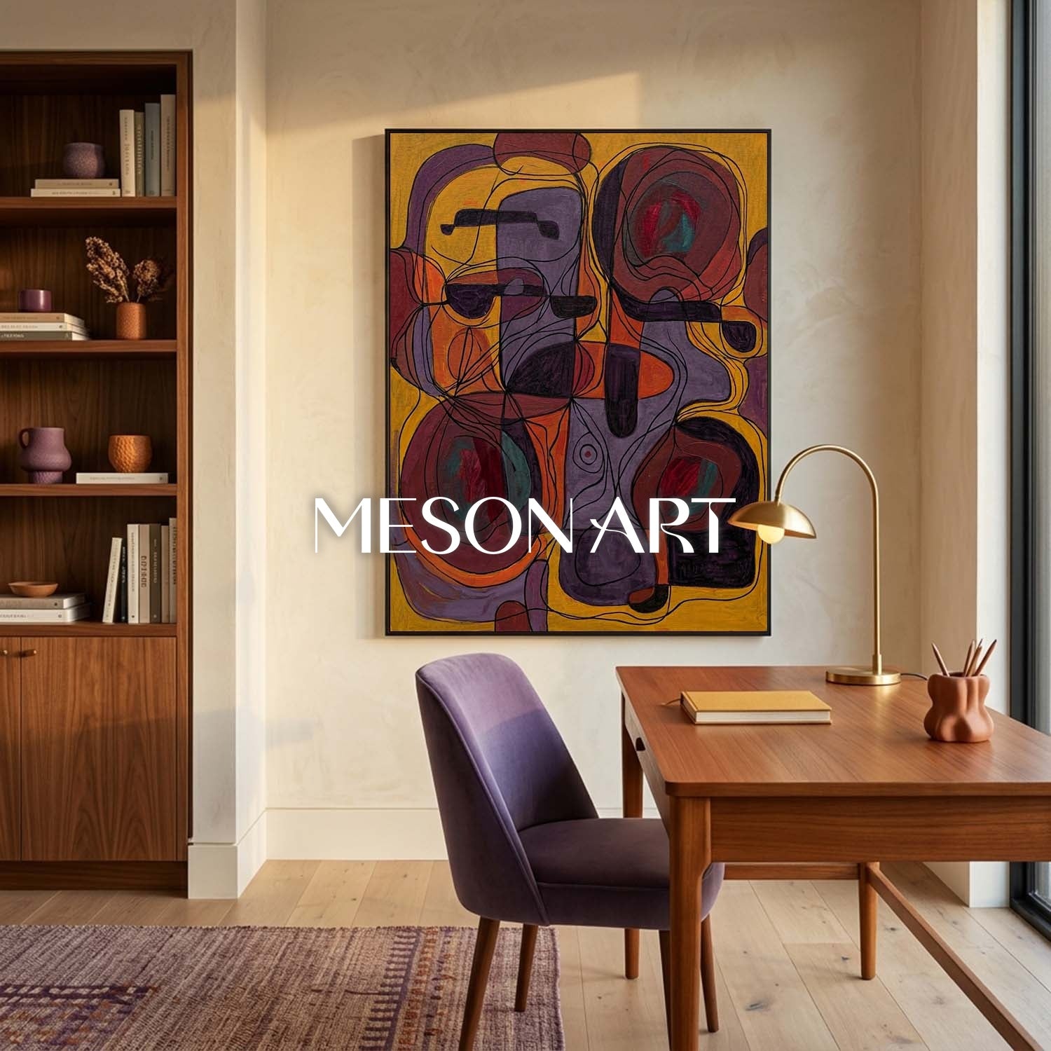 Contemporary Abstract Painting With Golden And Purple Hues For Modern Living Room Decor