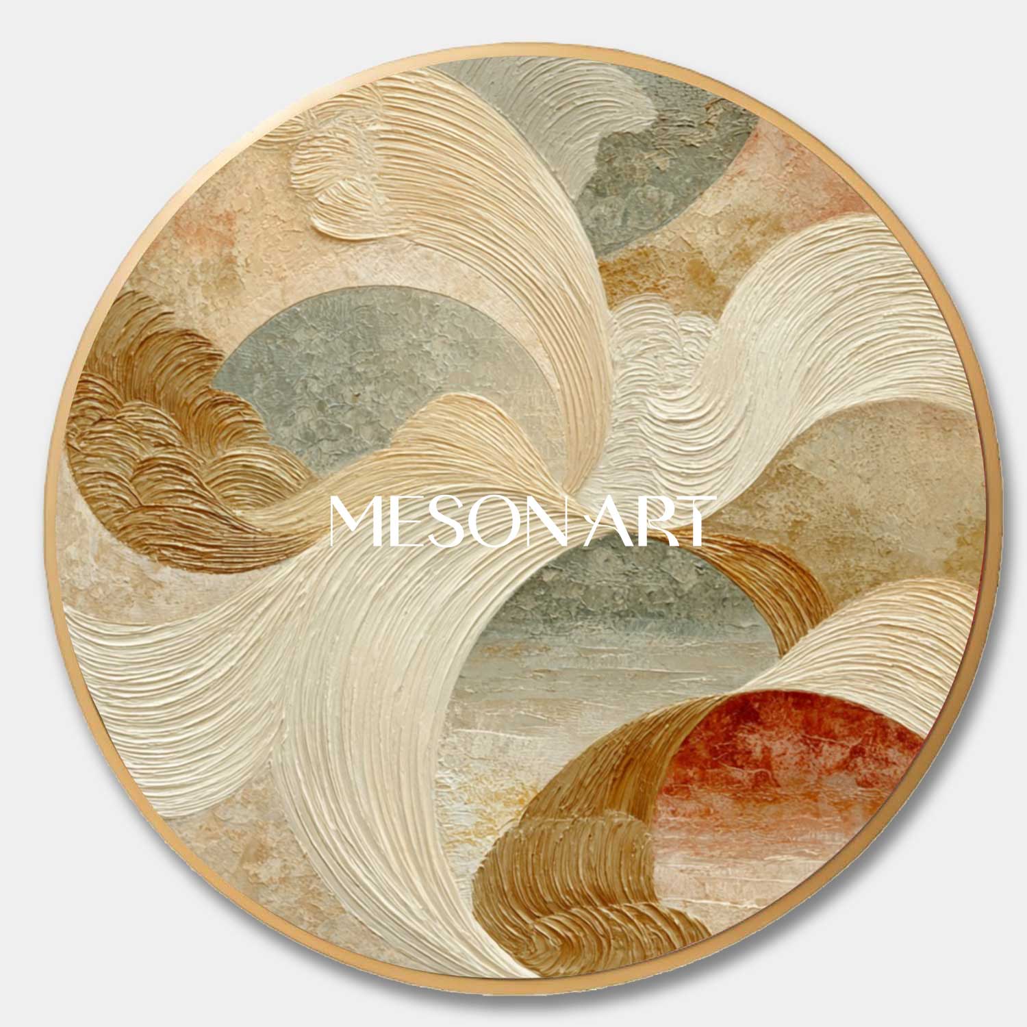 Modern Abstract Round Wall Art – Beige, Gold & Terracotta Textured Canvas