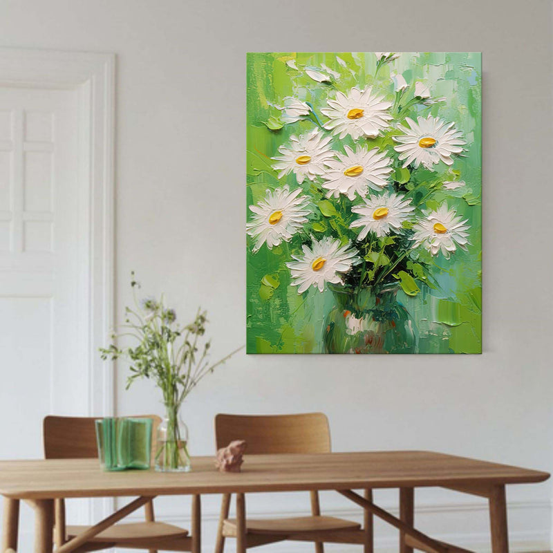 White Flowers Oil Paintings For Sale Green And White Vase Canvas Art Still Life Painting Texture Art