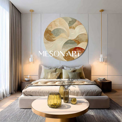 Modern Round Abstract Wall Art – Beige & Gold Textured Wave-Inspired Art