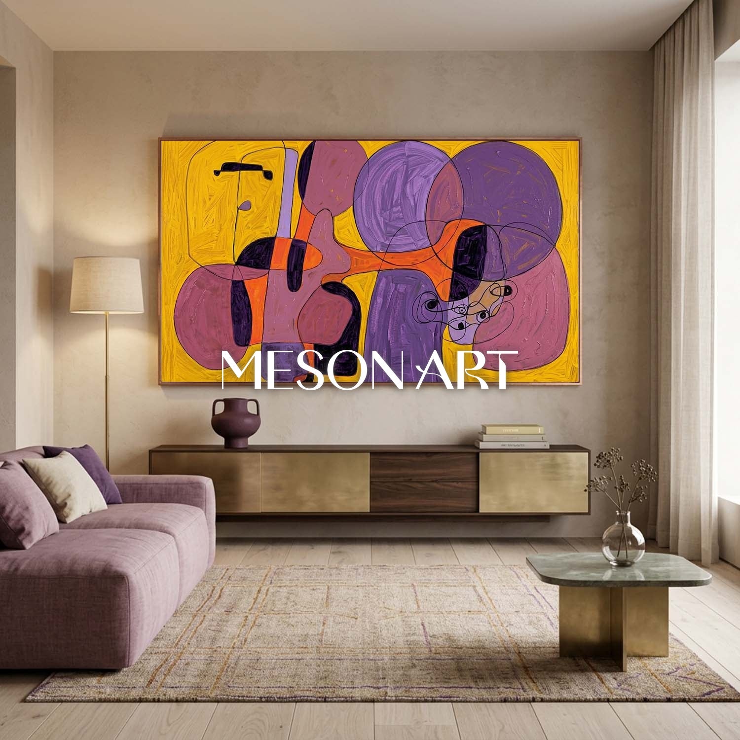 Contemporary Abstract Art With Purple And Yellow Tones For Modern Home Decor