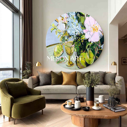 Round Floral Still Life Oil Painting – Vase and Fruit in Impasto