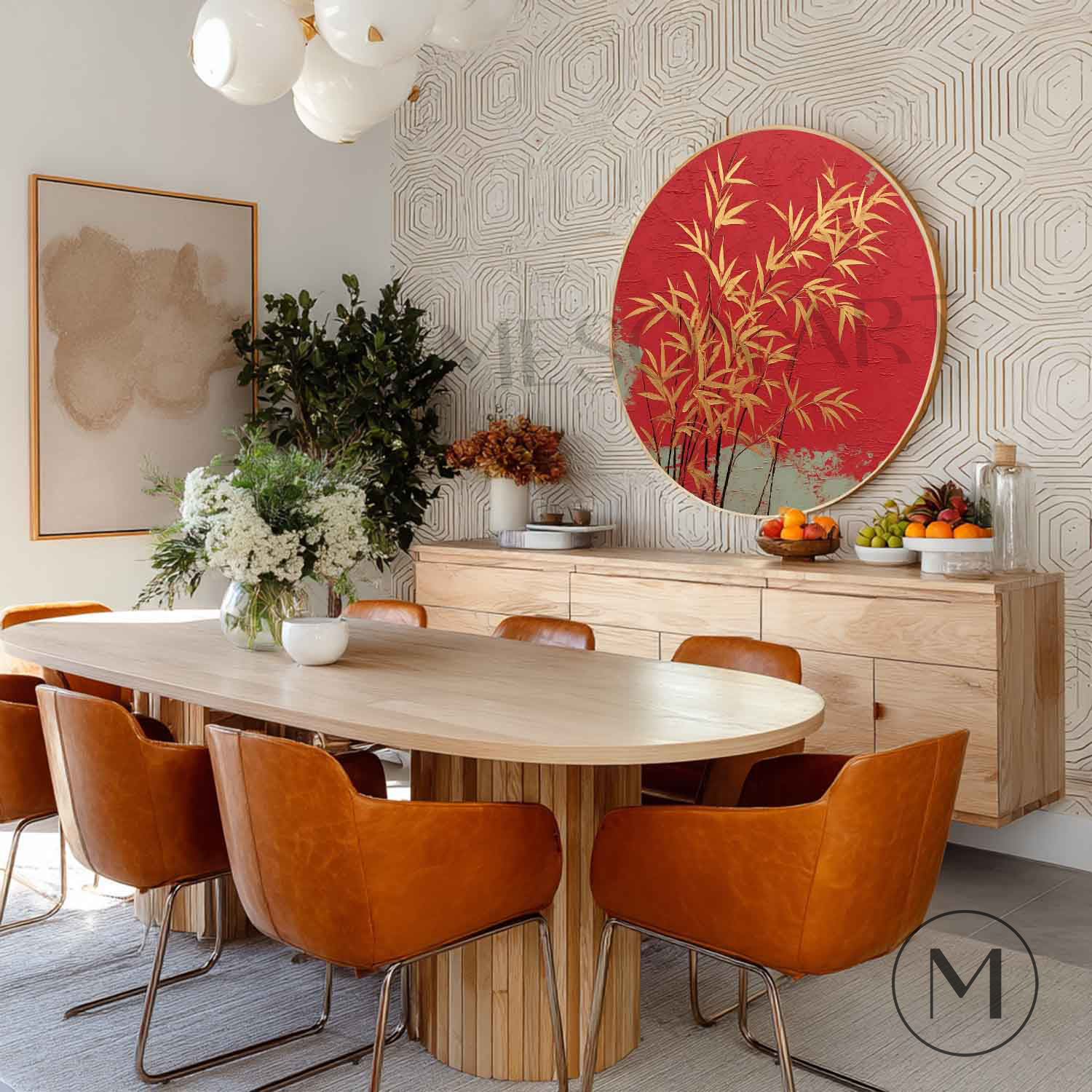Luxury Round Wall Art with Bamboo Oriental Minimalist Zen Gold Bamboo on Red Textured Canvas