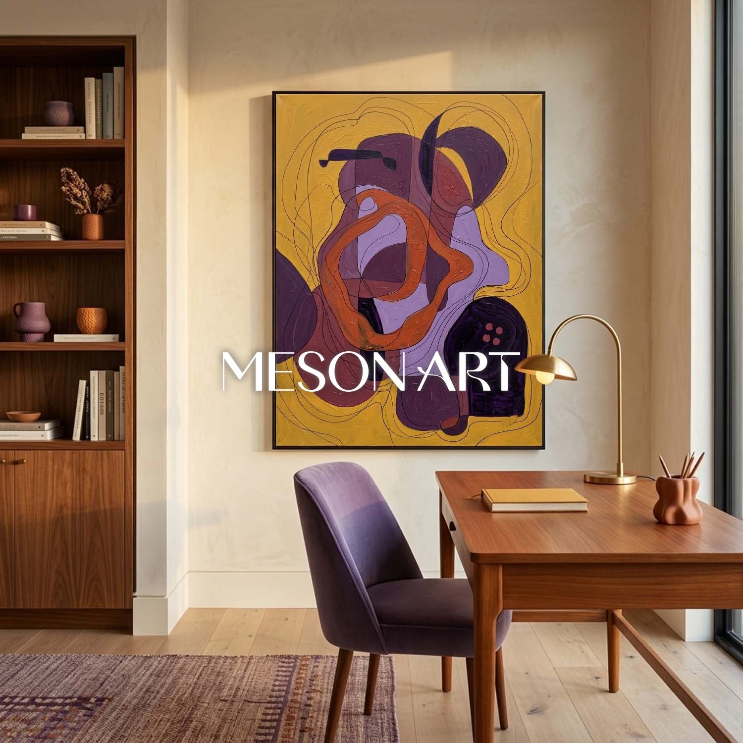 Contemporary Abstract Oil Painting With Gold And Purple Hues For Modern Living Room Decor