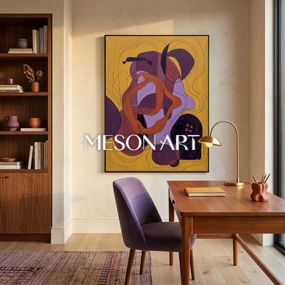 Contemporary Abstract Oil Painting With Gold And Purple Hues For Modern Living Room Decor