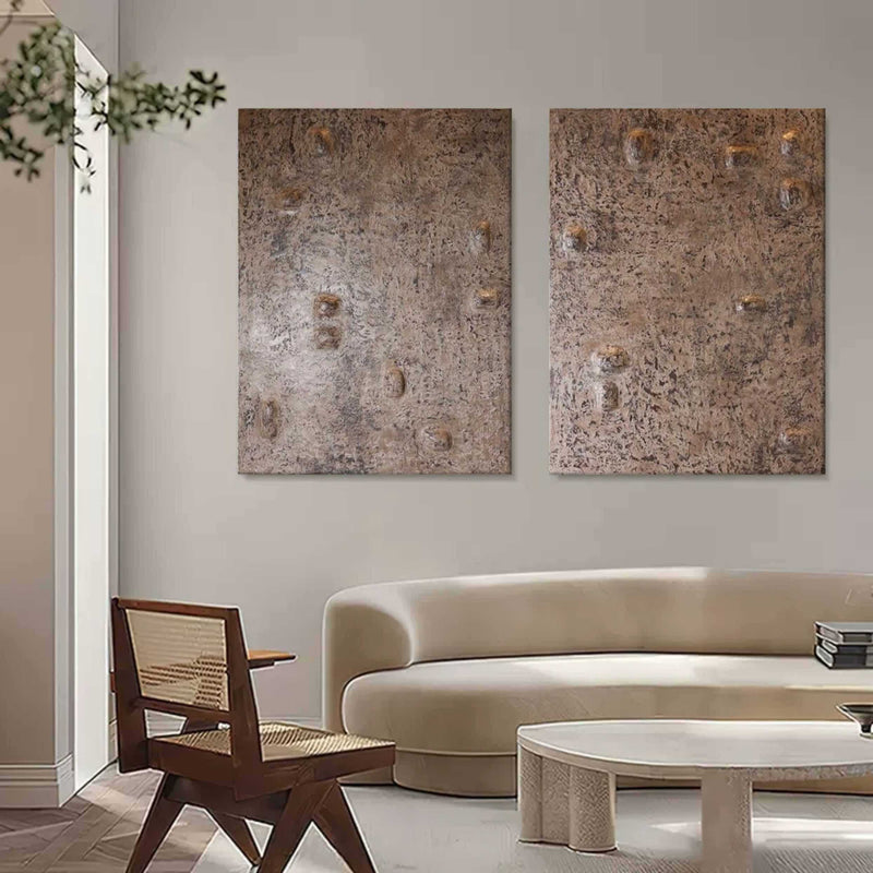 Brown Textured Abstract Art Set of 2 Wabi Sabi Art Brown Textured Canvas Paintings for Sale