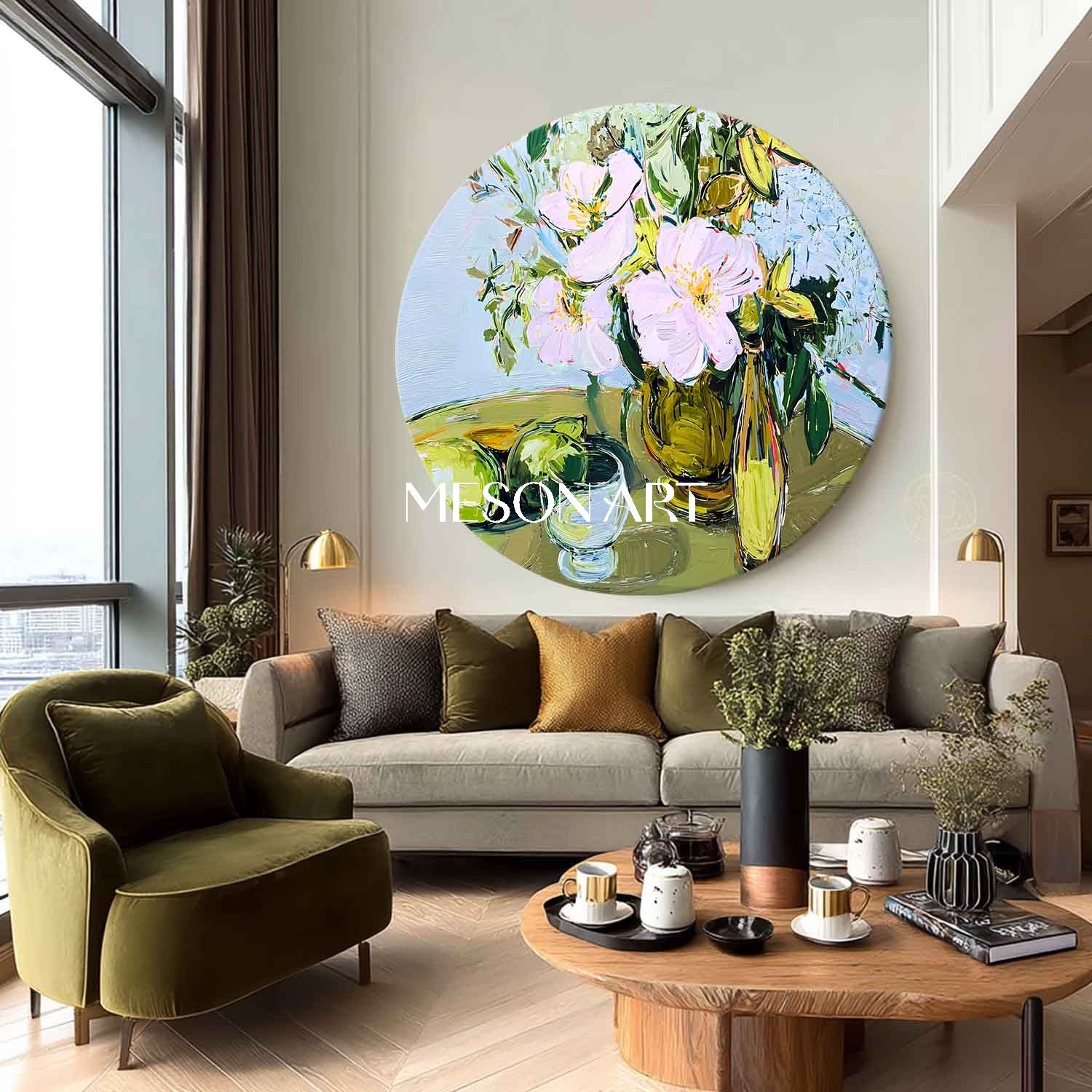 Round Floral Still Life Oil Painting – Vase, Fruit, and Glass