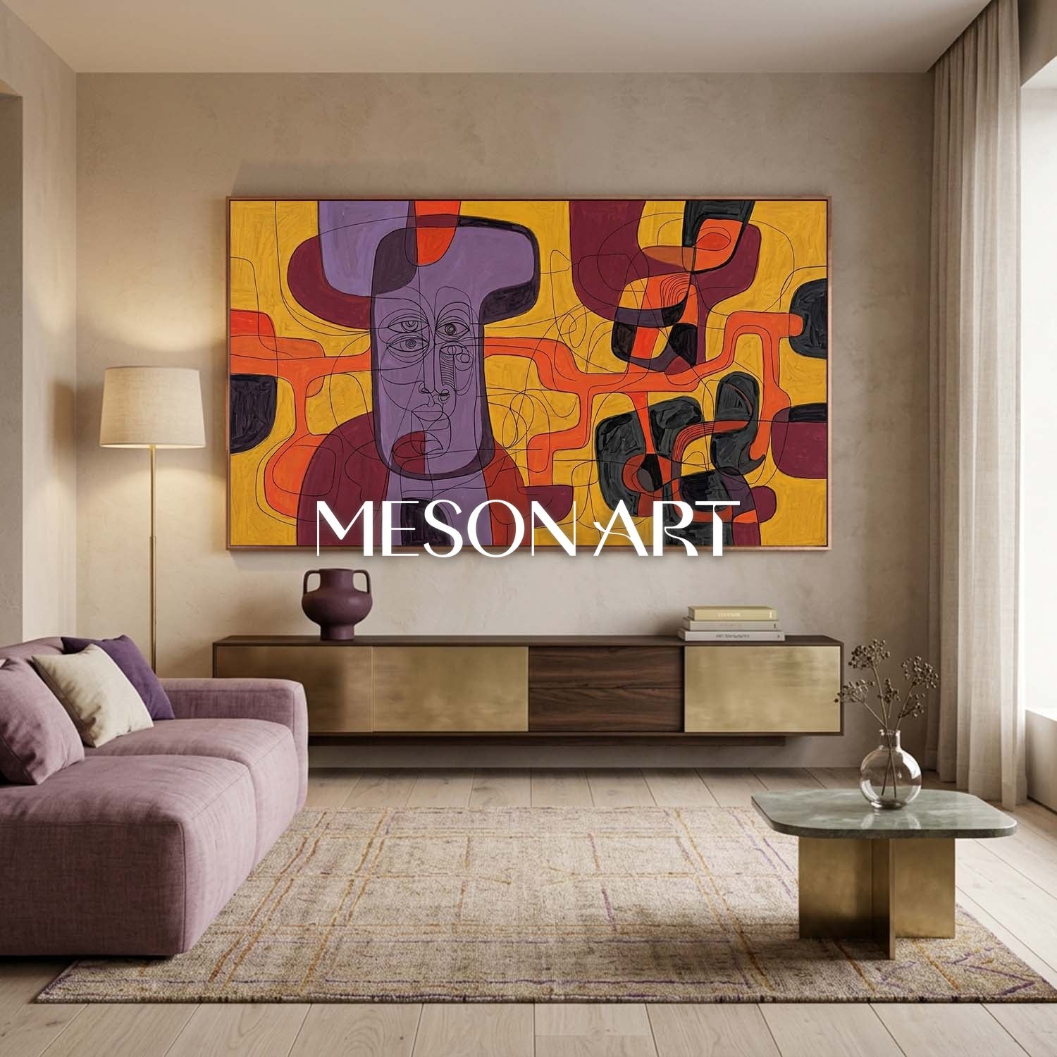 Contemporary Abstract Portrait Painting With Purple And Orange Tones For Modern Living Room Decor