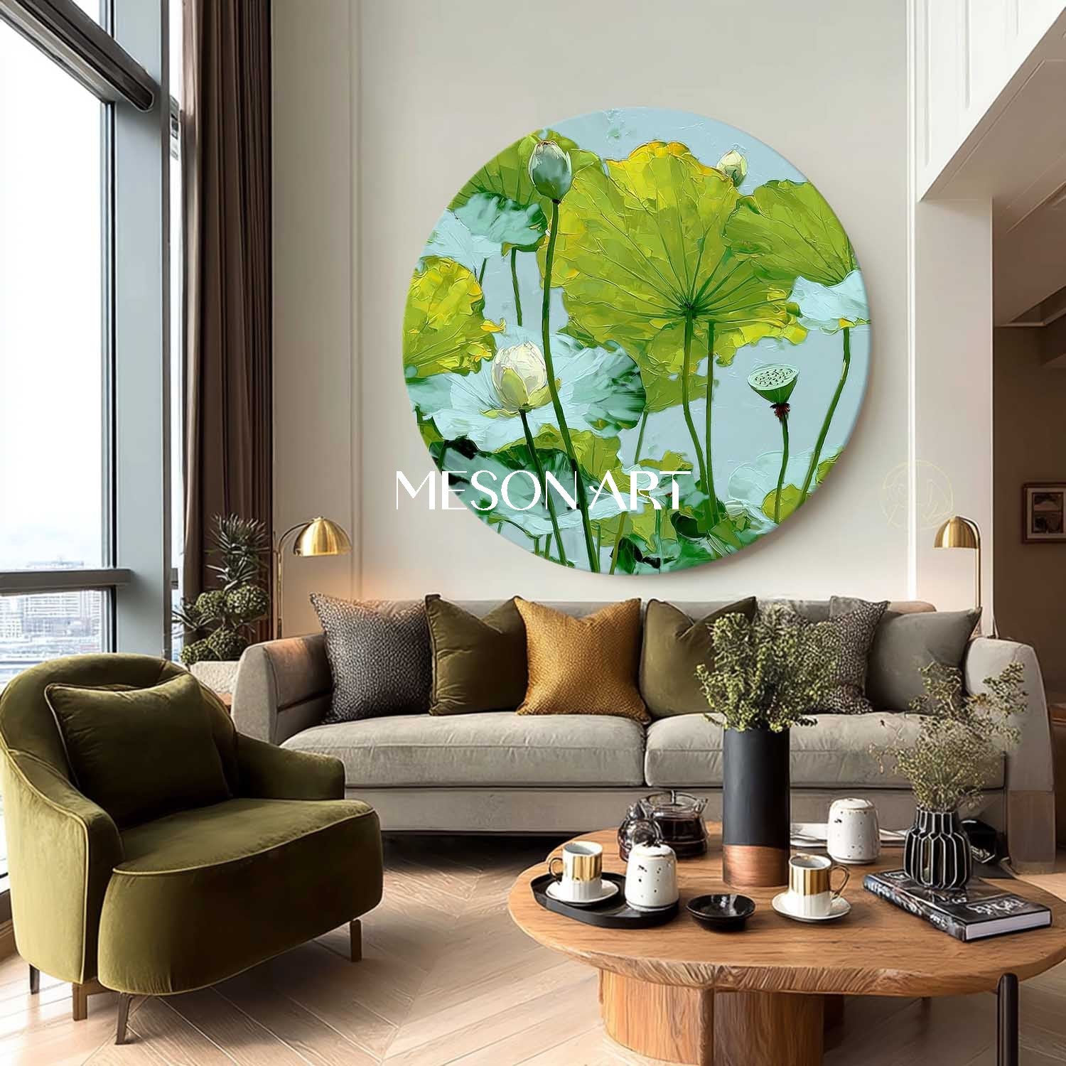 Round Lotus Landscape Canvas – Botanical Wall Art in Greens