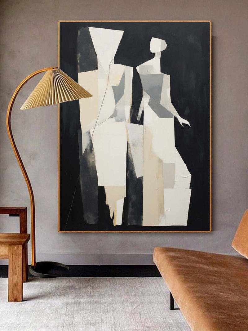 Black and Beige Minimalist Abstract Canvas Art Black and Beige Minimalist Wall Art Black and Beige Minimalist Abstract Painting of Figures