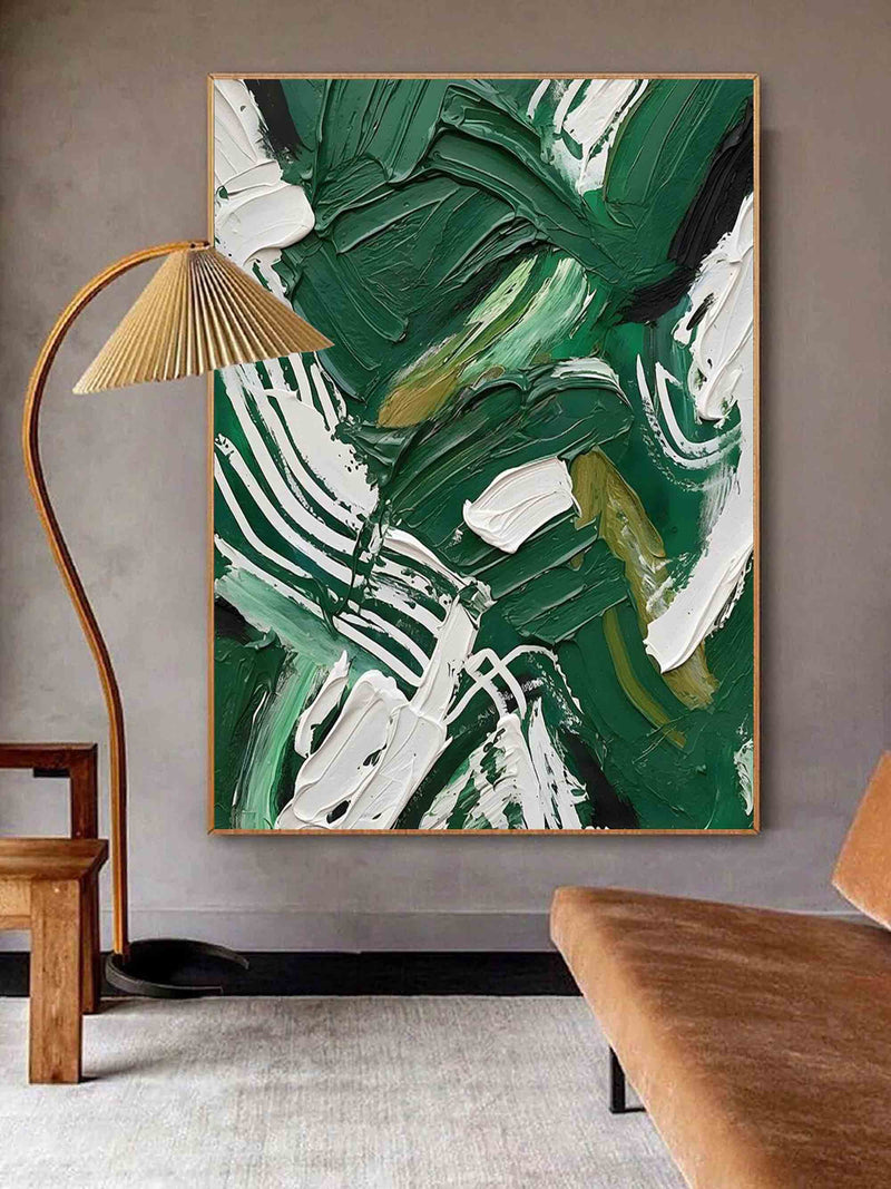 Large Green and White Abstract Oil Painting Green Textured Wall Art Green Oil Paintings for Sale