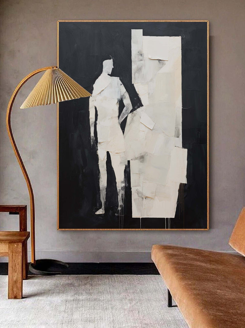 Black and Beige Minimal Abstract Art Abstract Man Oil Painting Black and Beige Minimalist Wall Decor Textured Wall Art Abstract Men Wall Art