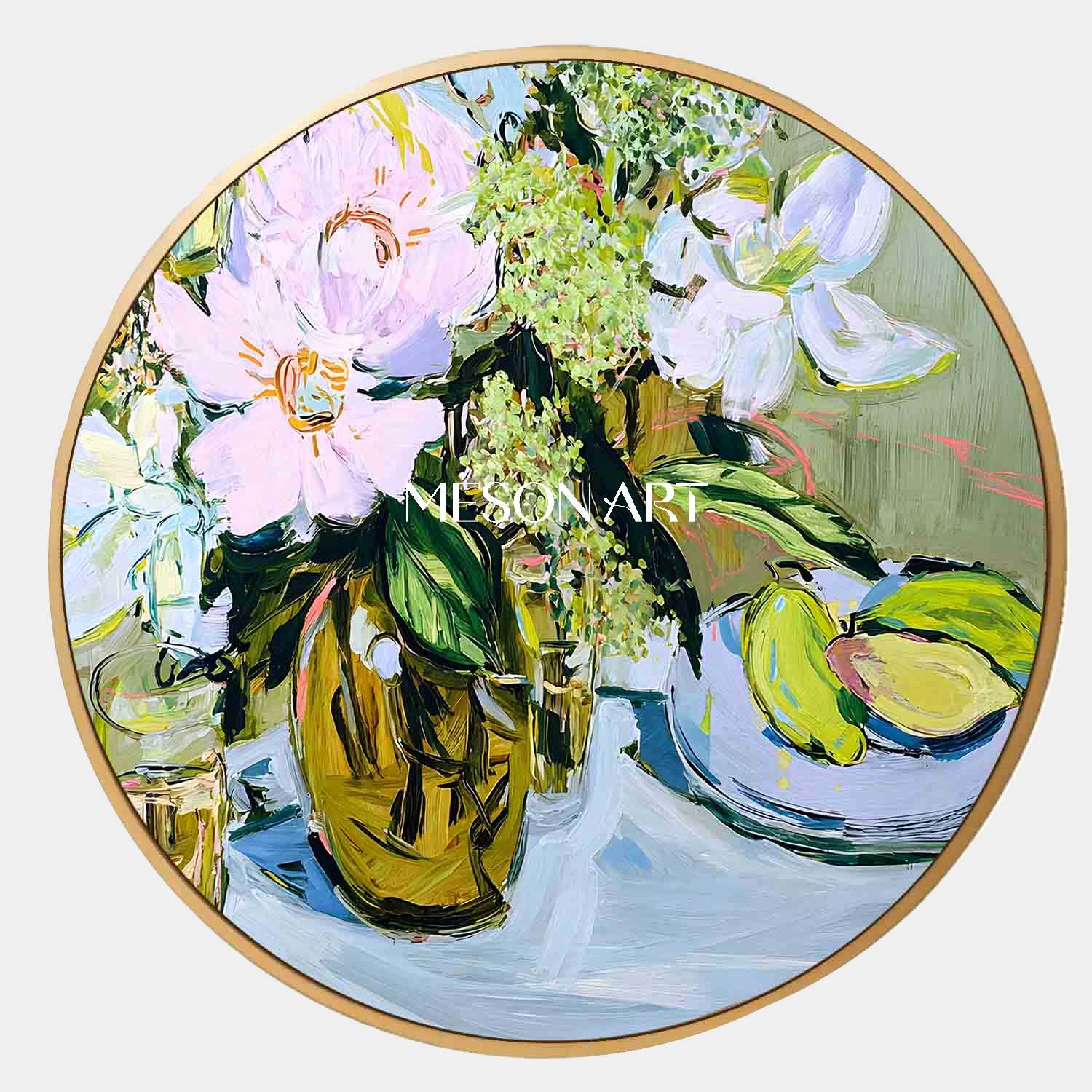 Round Floral Still Life Oil Painting – Vase and Fruit in Impasto