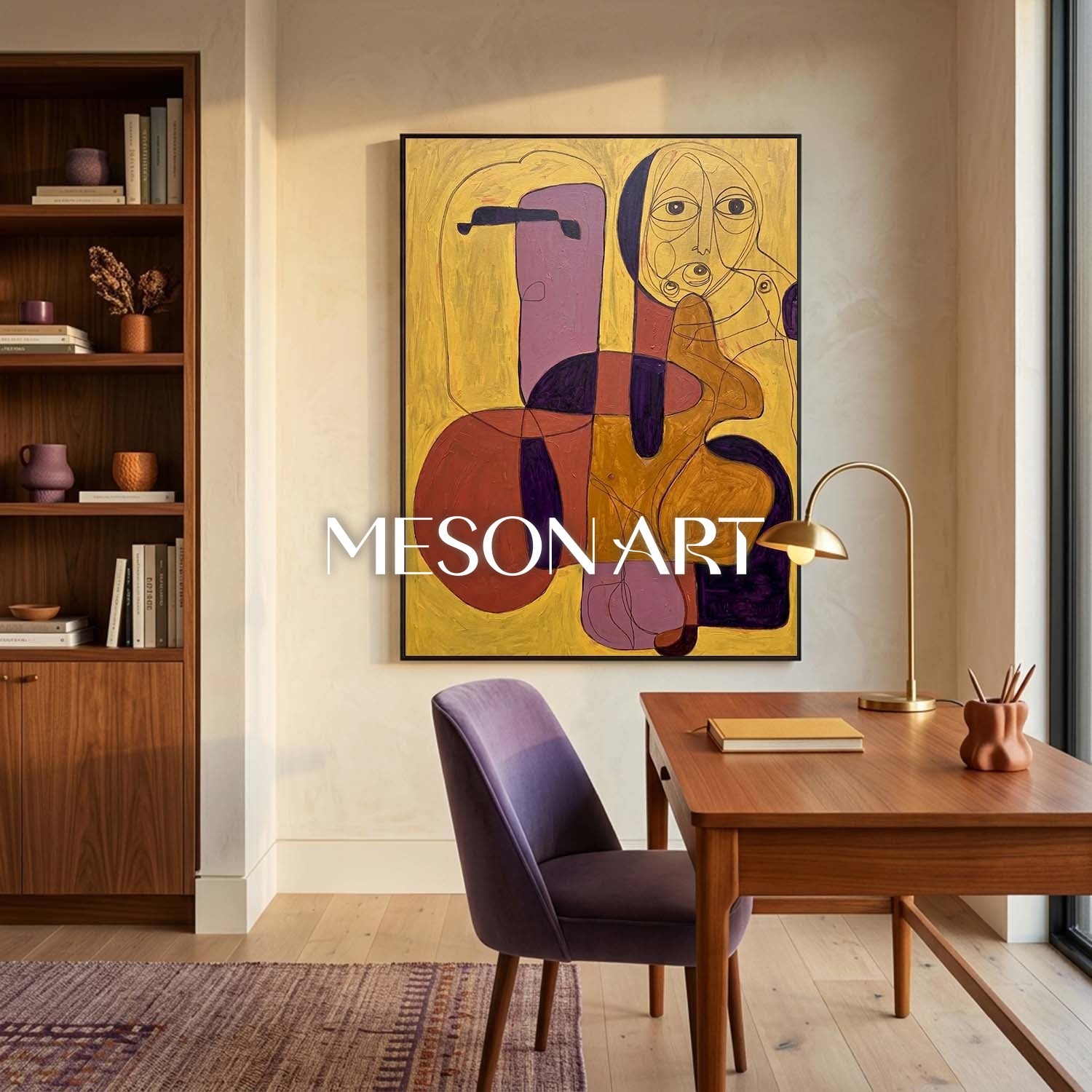 Contemporary Abstract Painting With Gold And Purple Hues For Modern Home Decor