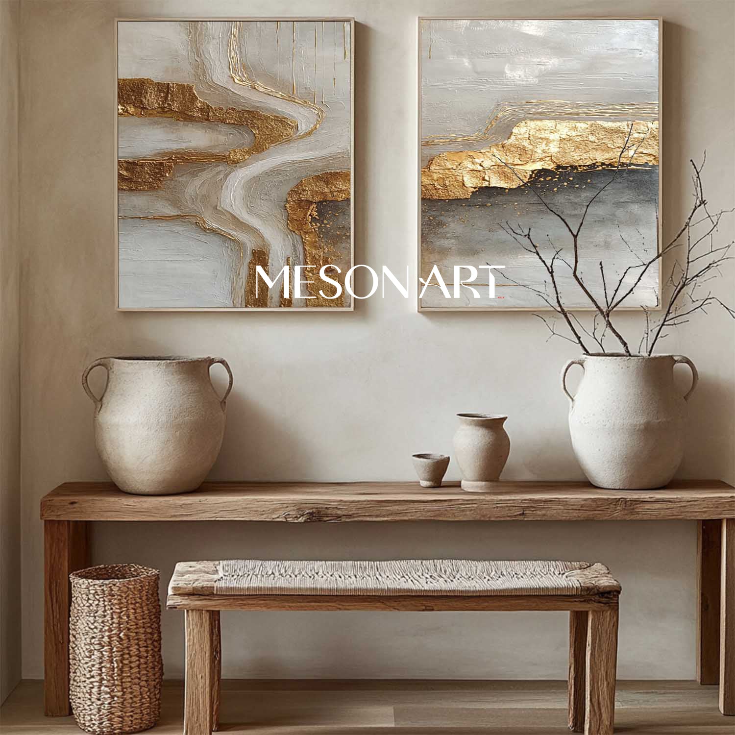 Abstract Textured Gold and Gray Canvas Wall Art 2 Piece Modern Painting Set for Living Room 