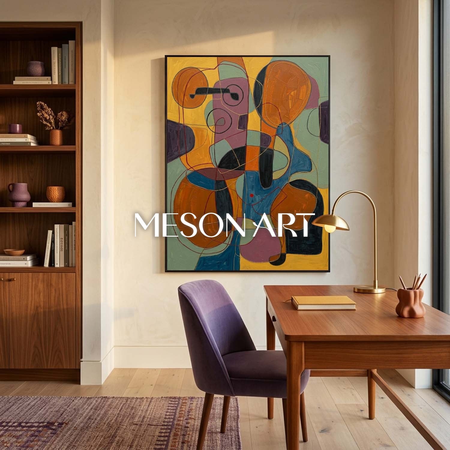 Contemporary Abstract Oil Painting With Orange And Blue Tones For Modern Living Room Decor