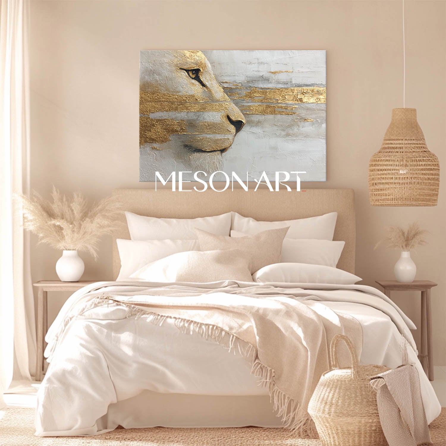 Large Lion Canvas Wall Art Hand-Painted Golden Abstract Animal Painting