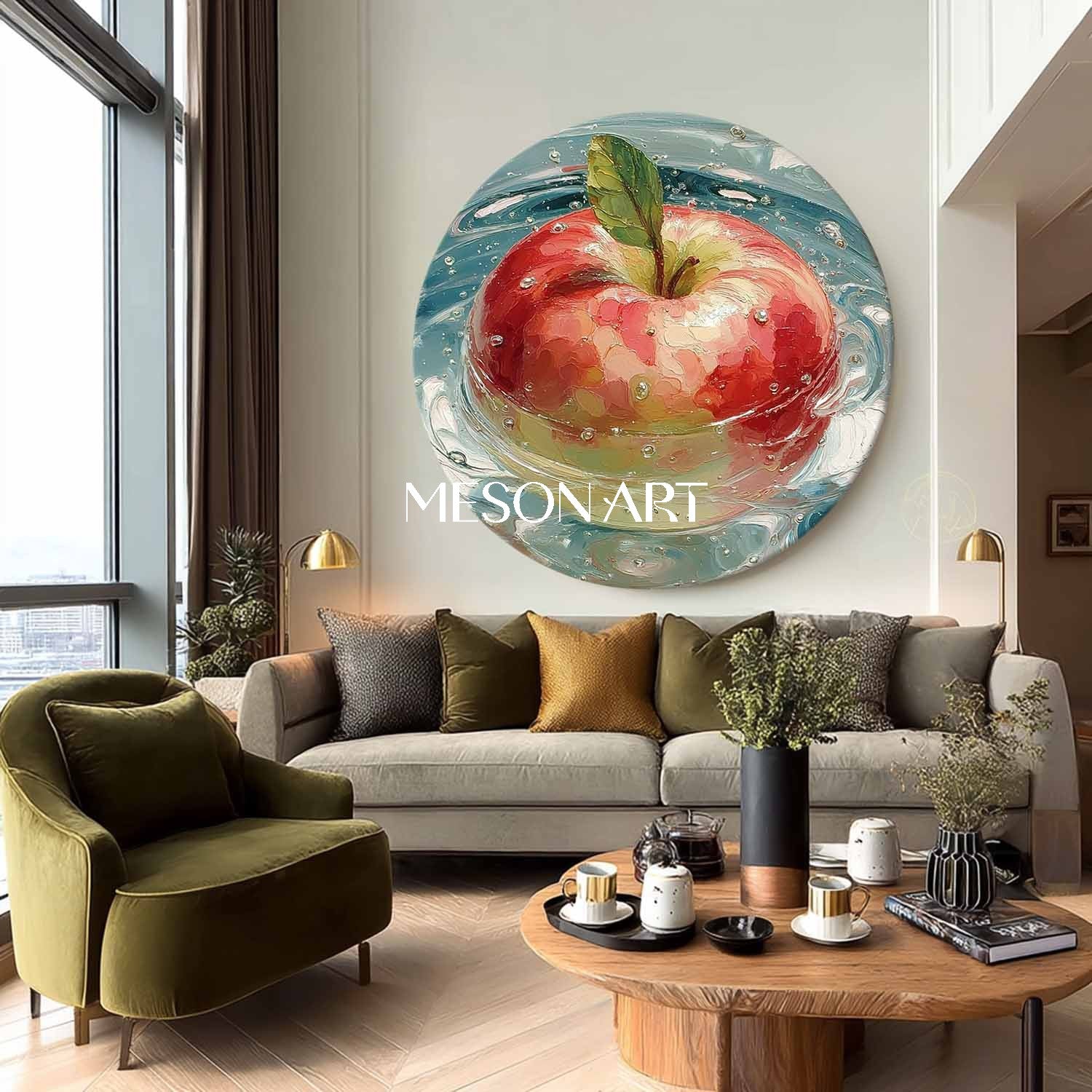 Round Apple Oil Painting on Canvas – Hand-Painted Kitchen Wall Art