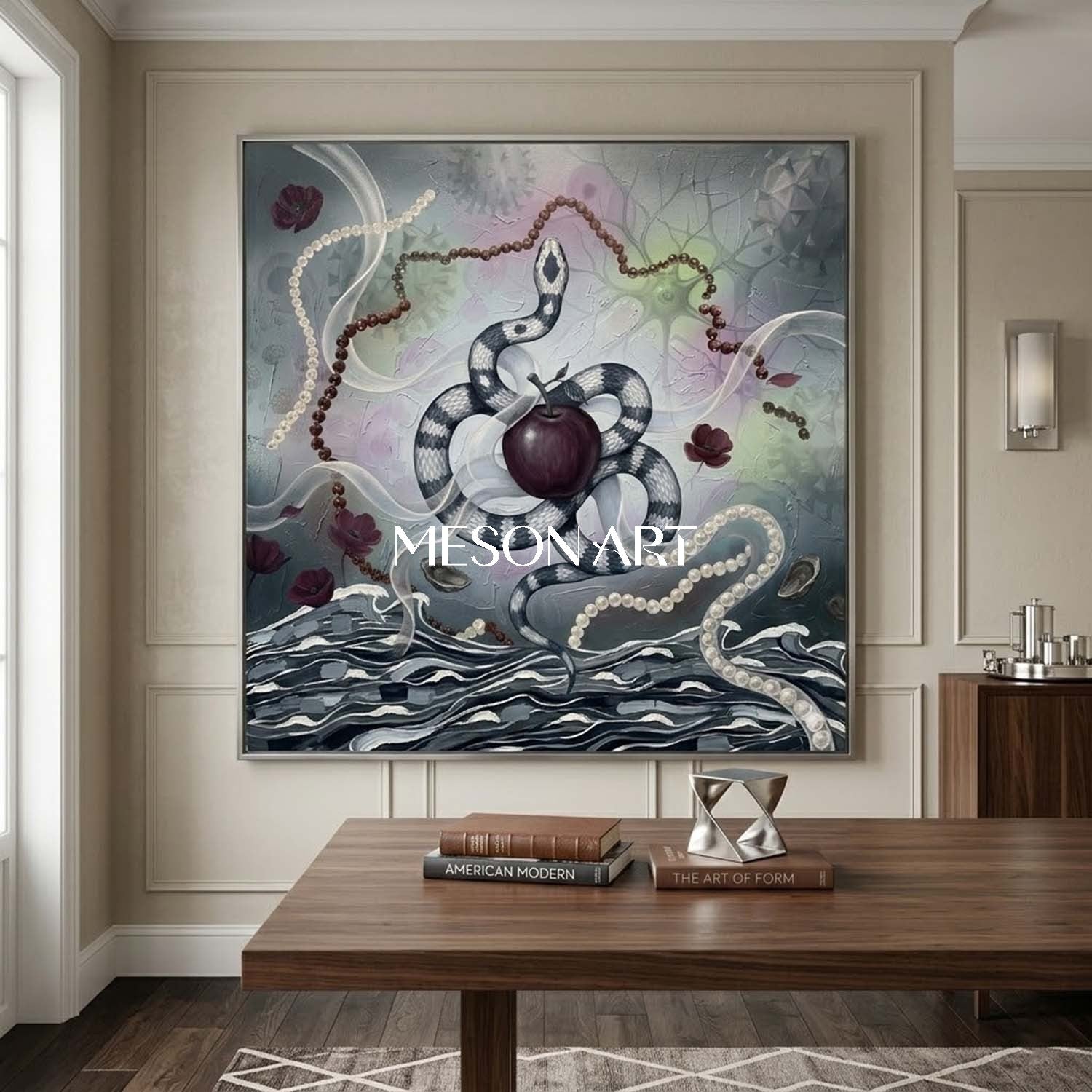 オリジナルのシュルレアリスム蛇油絵リンゴ額装壁アートバスルーム