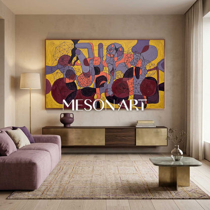 Contemporary Abstract Painting With Yellow And Purple Geometric Forms For Modern Living Room Decor