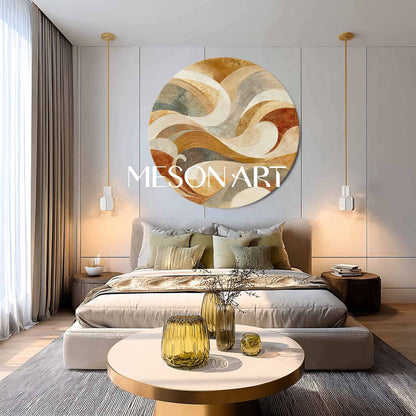 Modern Wave Abstract Wall Art – Earthy Tone Wave-Inspired Round Canvas