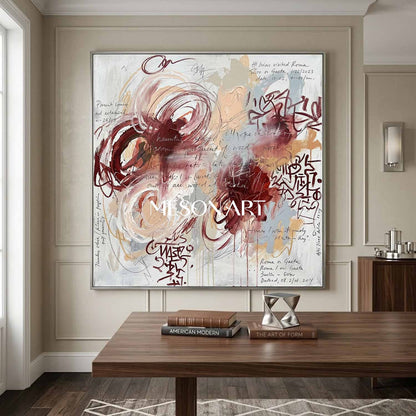 Original Abstract Expressionist Painting Burgundy Romantic Living Room